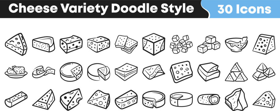 Set of thirty hand drawn cheese icons featuring various types and shapes in a simple black and white doodle style