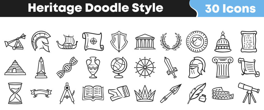 Hand drawn heritage icon collection featuring various historical objects and cultural symbols arranged in a clean black and white style