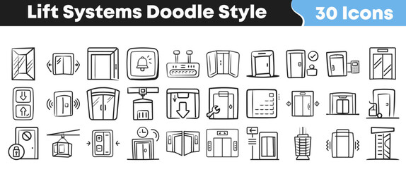 A versatile collection of hand-drawn lift systems icons presented in a charming doodle style, ideal for modern design and illustrating transportation concepts. © Vectoravec