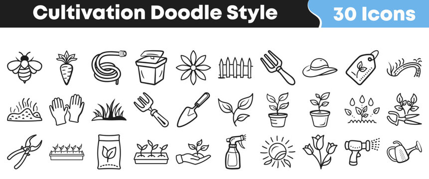 Hand drawn gardening icons featuring various cultivation tools and plants arranged in a collection for agriculture and nature themed designs