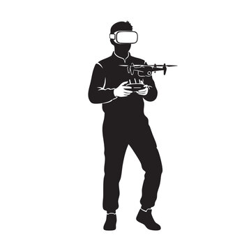 Silhouette Man Flying Drone Virtual Reality Goggles Pilot Controlling UAV Modern Technology Hobby Outdoor Recreation Aerial Photography