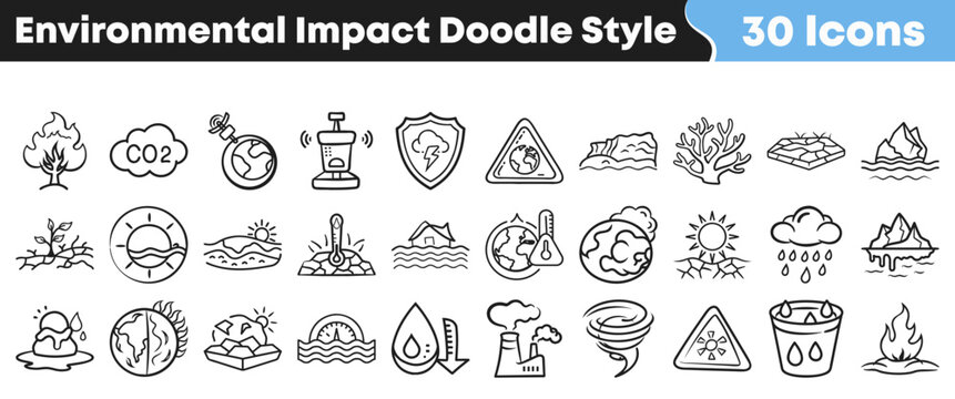 Collection of thirty environmental impact doodle icons showing global warming and climate change issues in a simple hand drawn style