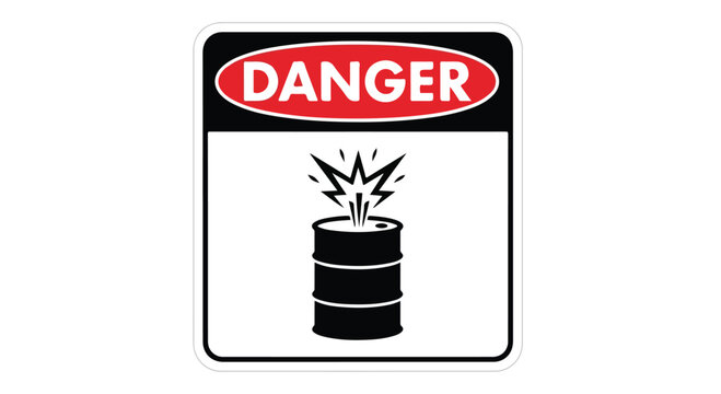 Danger warning sign indicating explosive material in a barrel with a bright burst of energy