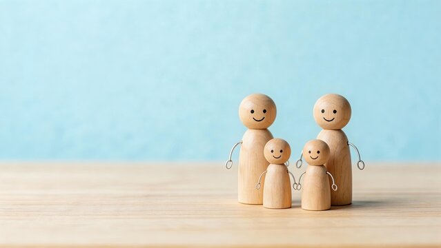 Wooden peg doll family standing together on a table with a blue background symbolizing unity love and togetherness perfect for familythemed designs and projects