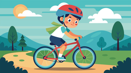 Fototapeta premium Boy riding a bicycle on a sunny trail cheerful kid wearing a helmet cycling through green hills and blue skies