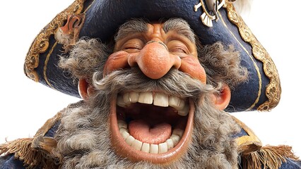Fototapeta premium Close-up of an exuberant elderly character in an ornate pirate hat laughing joyfully, eyes closed,
