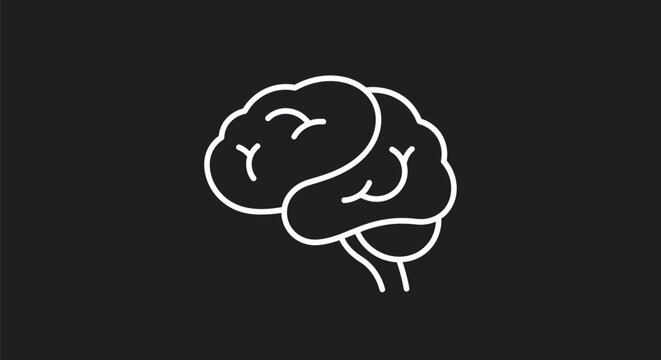 Simple white outline of a human brain on a black background.