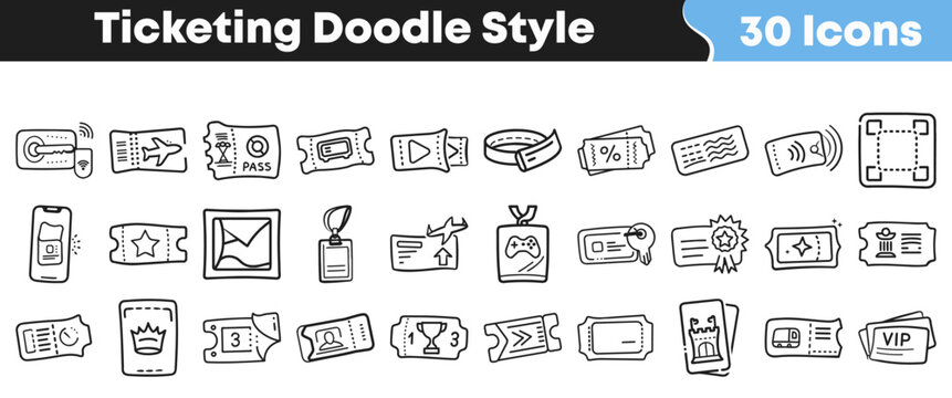 A vibrant collection of hand-drawn doodle style ticketing icons perfect for event management, travel, cinema, and various digital applications.