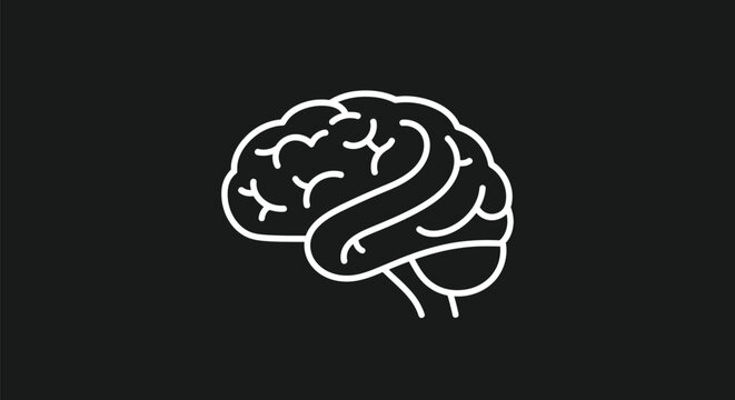 Simple white outline of a human brain on a black background.