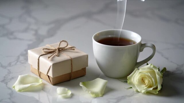 Warm Cup of Tea, Gift Box, and Fresh White Rose on Elegant Marble Table Setting