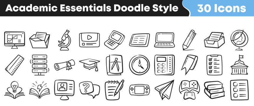 Collection of various academic essentials depicted as hand drawn doodle style icons for educational and school themed graphic design projects