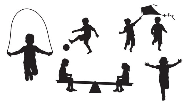Black silhouette children playing, kids recreational activities, playground fun, vector icons