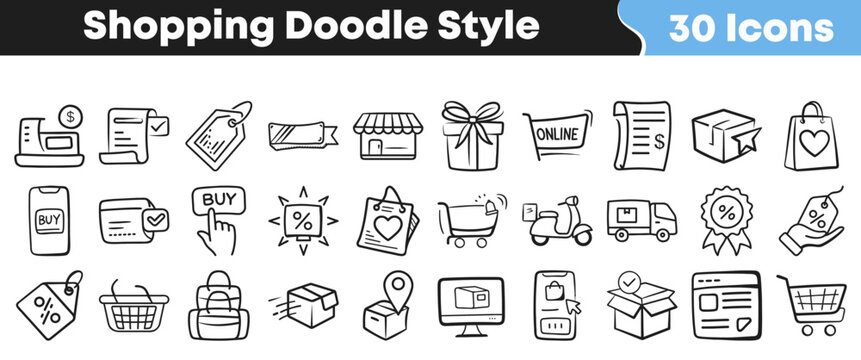 Collection of hand drawn shopping icons featuring various retail symbols for e-commerce websites and mobile application graphic design user interfaces