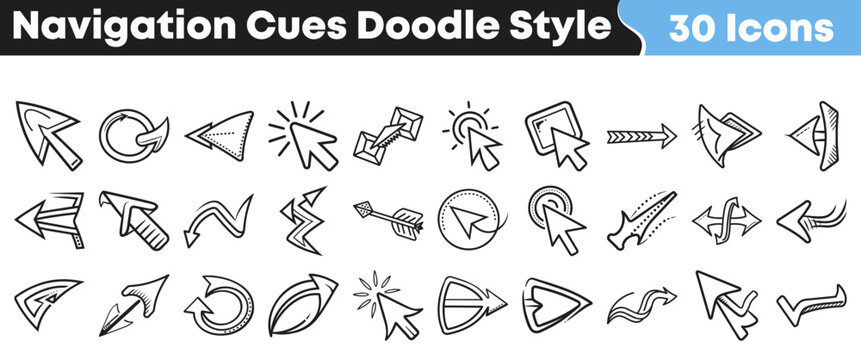 Hand drawn collection of thirty creative navigation cursor icons featuring various arrow shapes for web design and user interface projects