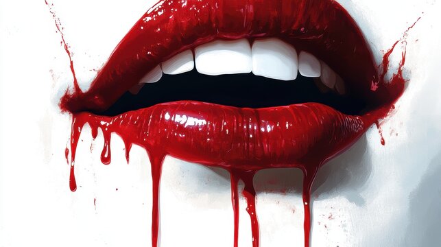 Sexy Vampire Woman lips with blood,Dripping blood on mouth, witches or beast creatures,female lips with fangs,horror holiday monsters,Vampire makeup Fashion Art design,Halloween banner background.