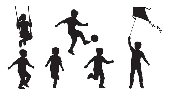 Black silhouette children playing, kids outdoor activities, playground fun, vector icons