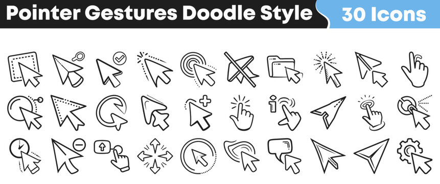 Hand drawn collection of thirty computer mouse pointer gesture icons designed in a simple and creative doodle sketch style graphic