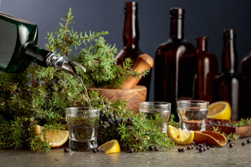 Obraz premium Gin is poured from a vintage bottle into a glass.