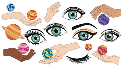 Eyes and hands holding planets. © Supri