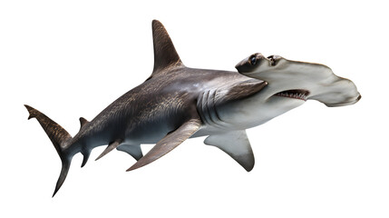 Fototapeta premium Realistic hammerhead shark swimming through the deep ocean water isolated on transparent background