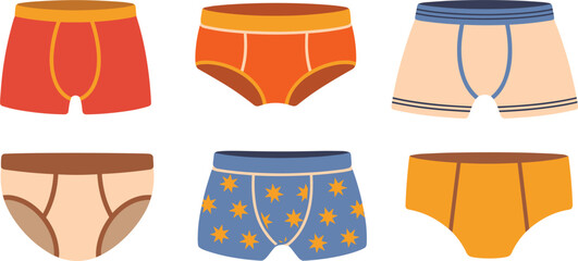 Men underwear collection with boxer briefs and trunks colorful flat vector illustration for clothing design © Masud