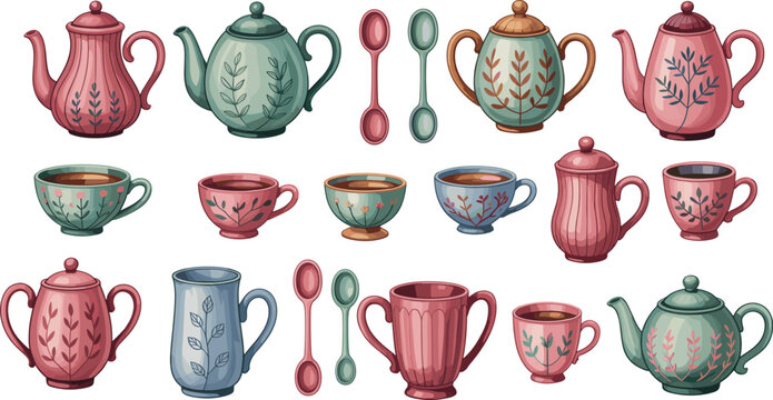 Vintage teapot and teacup collection with floral patterns, colorful ceramic kitchenware set, hand drawn illustration for cozy tea time concept