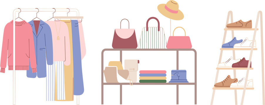 Clothing store display set with apparel handbags hats and footwear perfect for shopping and fashion branding