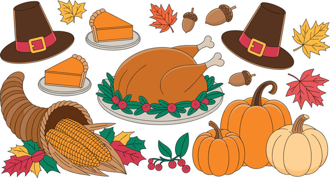 Thanksgiving harvest illustration with turkey pumpkin pie pilgrim hat autumn leaves cornucopia seasonal food festive holiday vector collection design