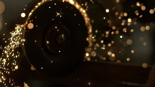 A worker grinds metal in a workshop. Sparks fly from the grinding wheel. The environment is busy with tools and equipment. Light reflects off the flying sparks as work continues.