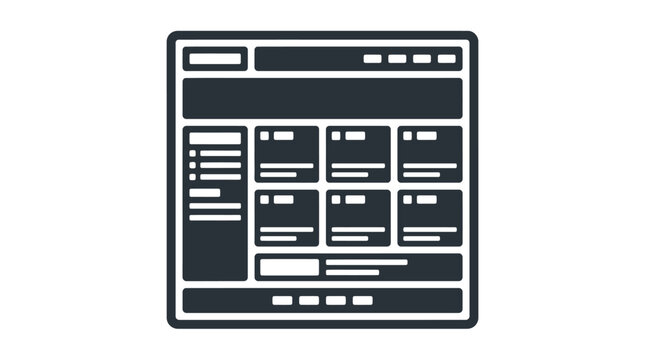 Black Web Browser Interface Icon with Multiple Content Blocks, Website Layout Concept, isolated white background.