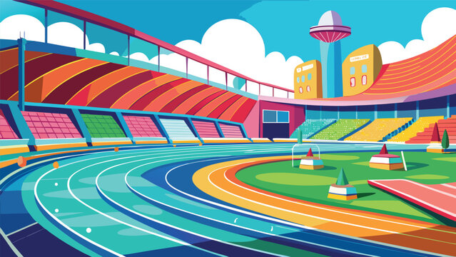 Vibrant sports stadium colorful running track, cheering stands and futuristic skyline in lively flat-vector illustration