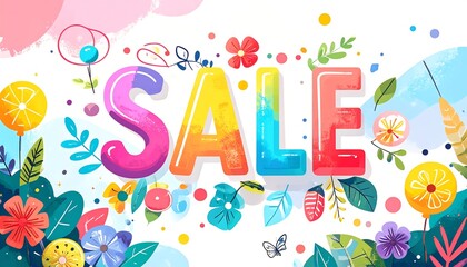 Fototapeta premium Colorful SALE typography surrounded by whimsical floral elements against a white background for a bright and cheerful design