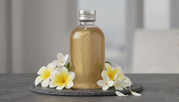 Amber shower gel bottle with tropical frangipani and tiare flowers