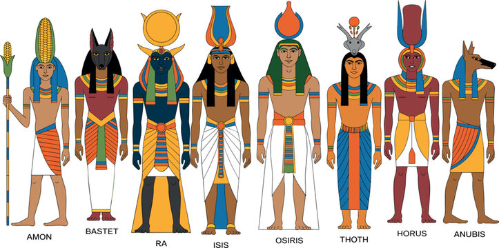 Ancient Egyptian gods vector illustration set featuring Amon Bastet Ra Isis Osiris Thoth Horus Anubis mythology characters detailed cultural artwork