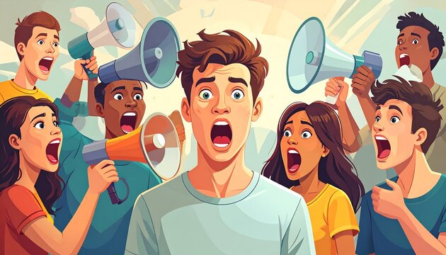 Cartoon crowd surrounding a shocked man, some holding megaphones, shouting with mouths open in a brightly colored illustration