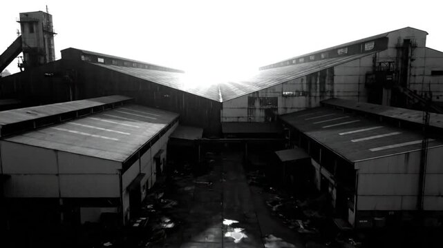 Black and white aerial view of a deteriorating industrial factory building with a bright sky in the distance