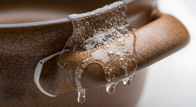 Close-up shot of a ceramic pot with dripping residue, showcasing its textured surface and handle, with a clear substance oozing over the edge, highlighting its intricate details and imperfections