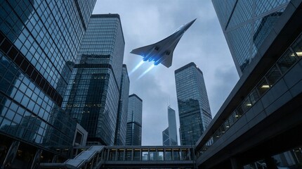 Fototapeta premium Fighter Jet Over Cityscape