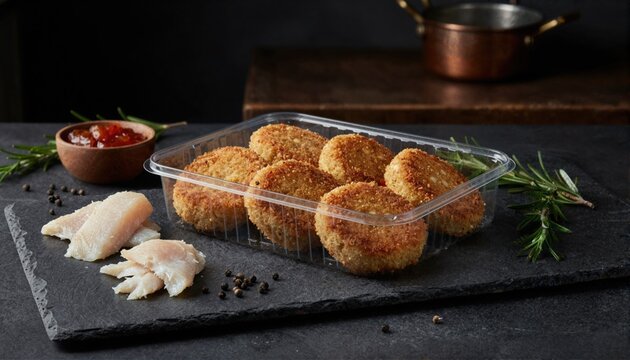 Breaded snoek fish cakes on dark slate background