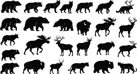 Naklejka premium Wild animals silhouette collection featuring bear wolf deer moose bison and forest wildlife vector illustration set for nature design