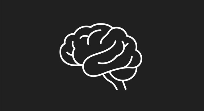 Simple White Outline of a Human Brain on Black Background.