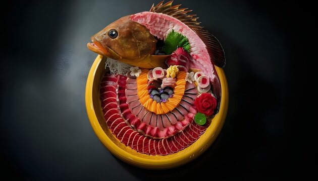 Classic sashimi presentation with fish head and thinly sliced pieces, showcasing traditional Japanese cuisine, fresh seafood and elegant minimal plating style.