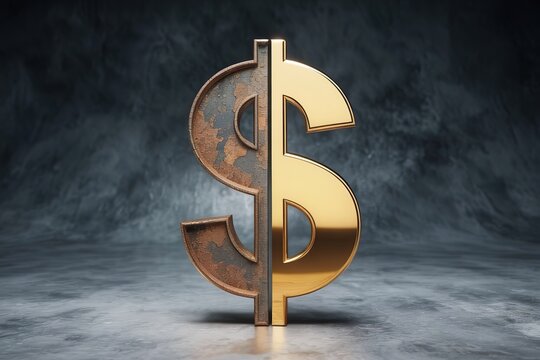 golden dollar symbol with half side rusty. Money and currency devaluation
