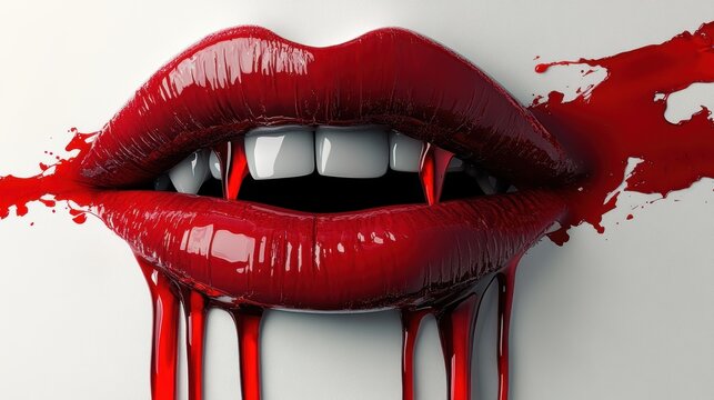 Sexy Vampire Woman lips with blood,Dripping blood on mouth, witches or beast creatures,female lips with fangs,horror holiday monsters,Vampire makeup Fashion Art design,Halloween banner background.