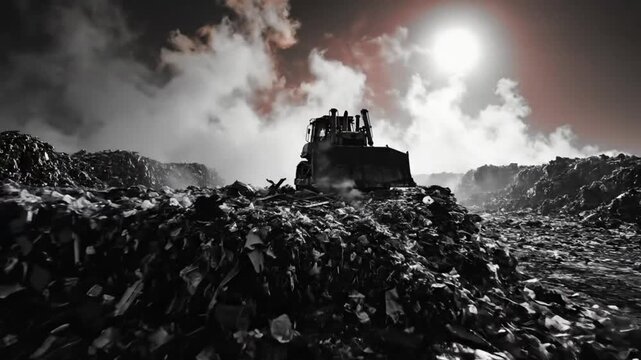 Black and White Dozer in the Landfill Pushing Waste Under a Bleak Sky with a Reddish Sun