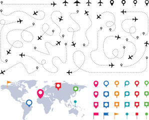 Airplane Flight Paths with World Map – Travel Routes, Dotted Lines and Location Pins © Pixora Creative