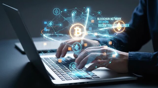 Working with blockchain technology and cryptocurrencies on a laptop during the day