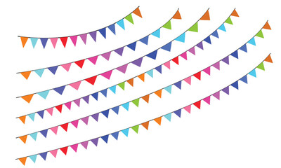 Obraz premium Triangle flags garland bunting vector for festive decoration. Colorful hanging flags create a cheerful party atmosphere, perfect for birthdays, celebrations, events, and decorative designs.