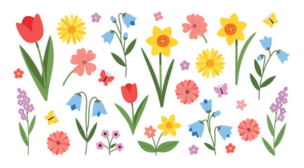 Obraz premium Spring flowers set with tulips, daffodils, bluebells, daisies and butterflies