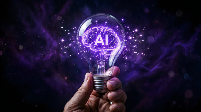 Hand holding lightbulb with glowing purple brain and AI concept in dark space
